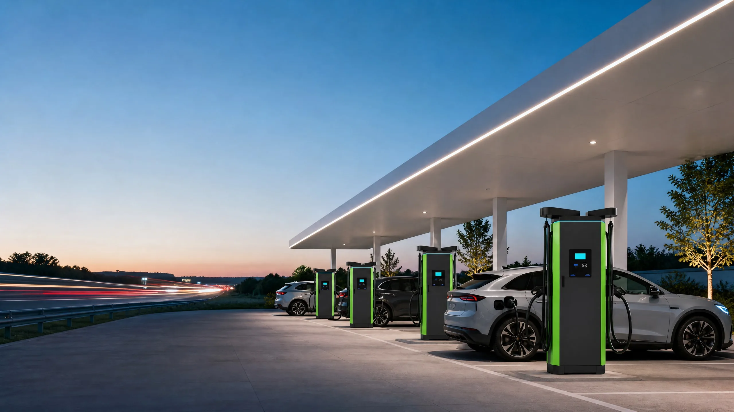 MOLZEX SVD Series dual-gun DC fast chargers at a motorway charging plaza at blue hour