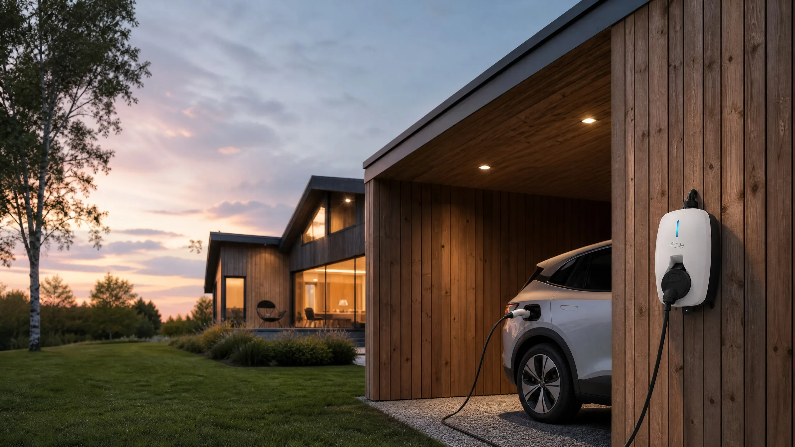 MOLZEX EVR Series wallbox charging an electric SUV in a home carport at dusk