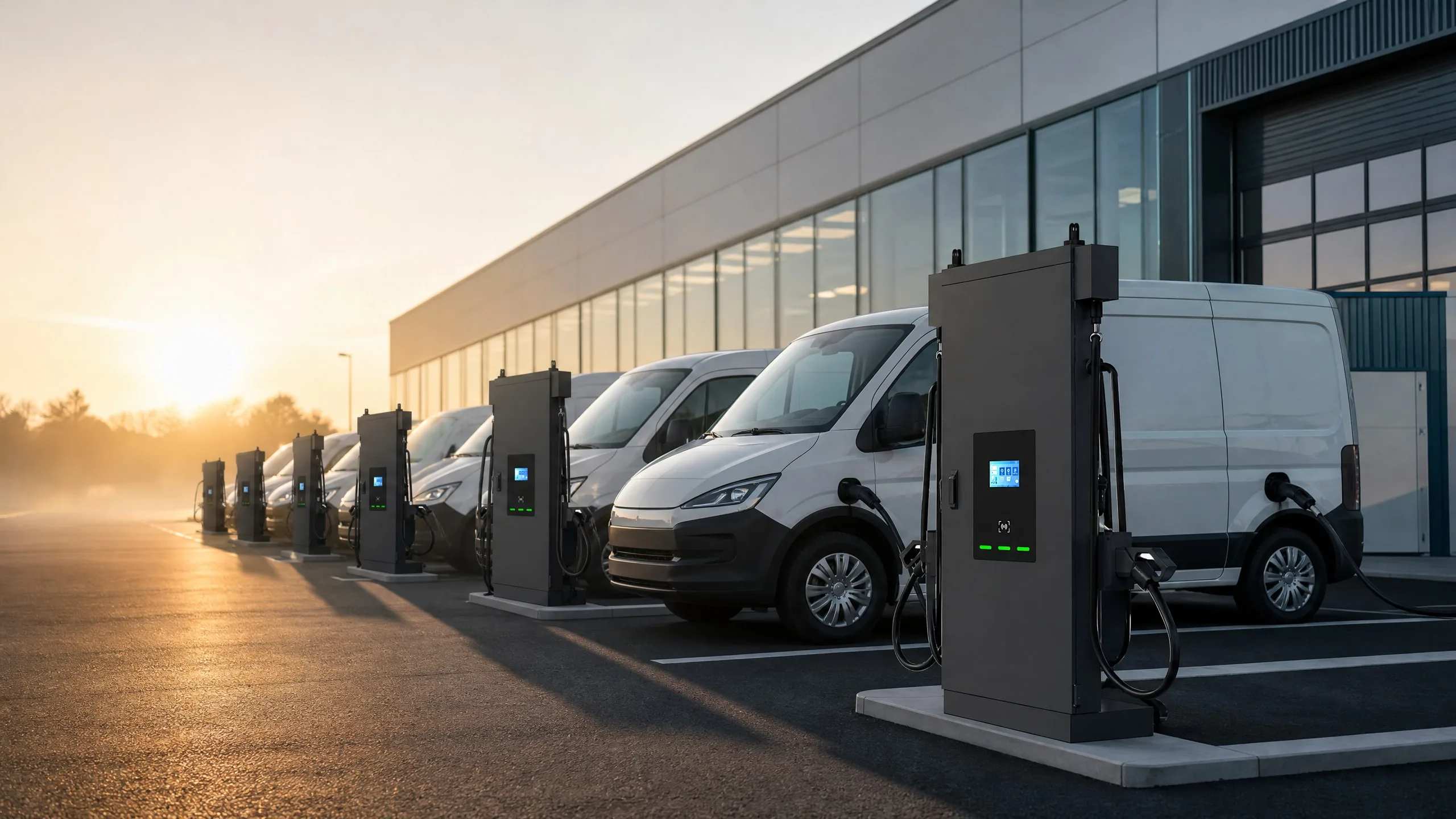 Row of MOLZEX MVD Series DC chargers connected to electric vans at a logistics depot at sunrise