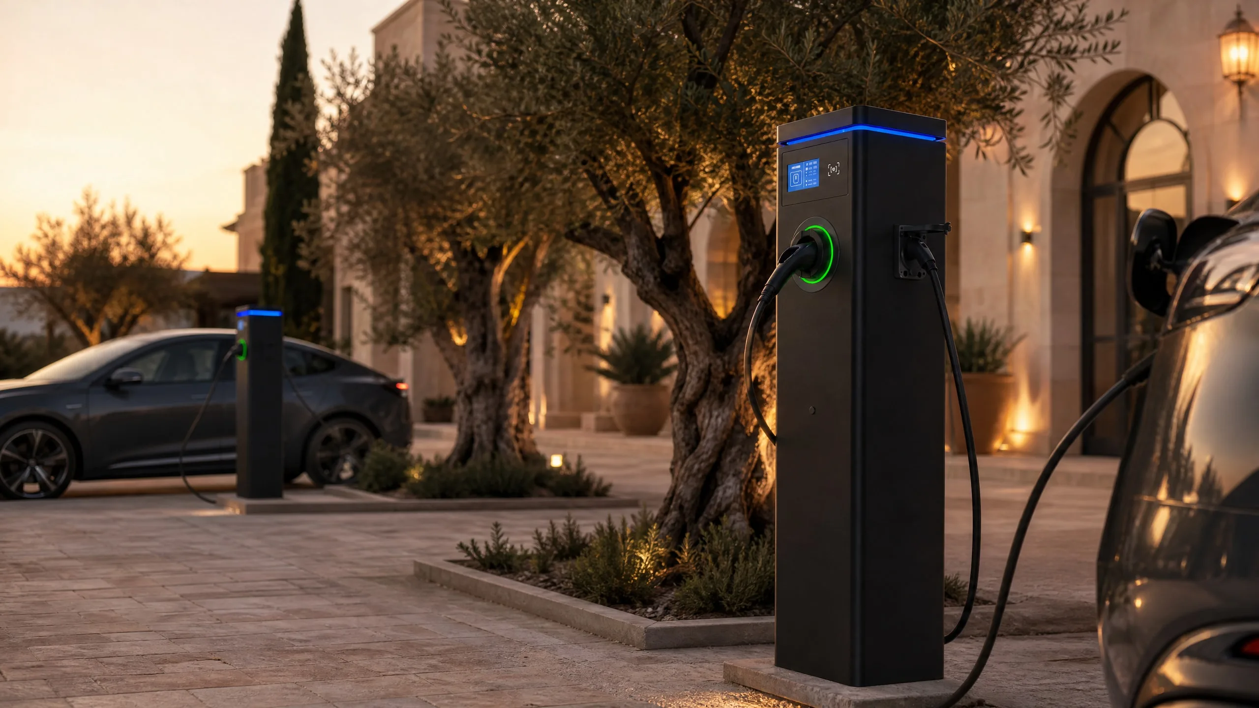 MOLZEX Commercial AC Series dual-port charging pedestals at a hotel forecourt at golden hour