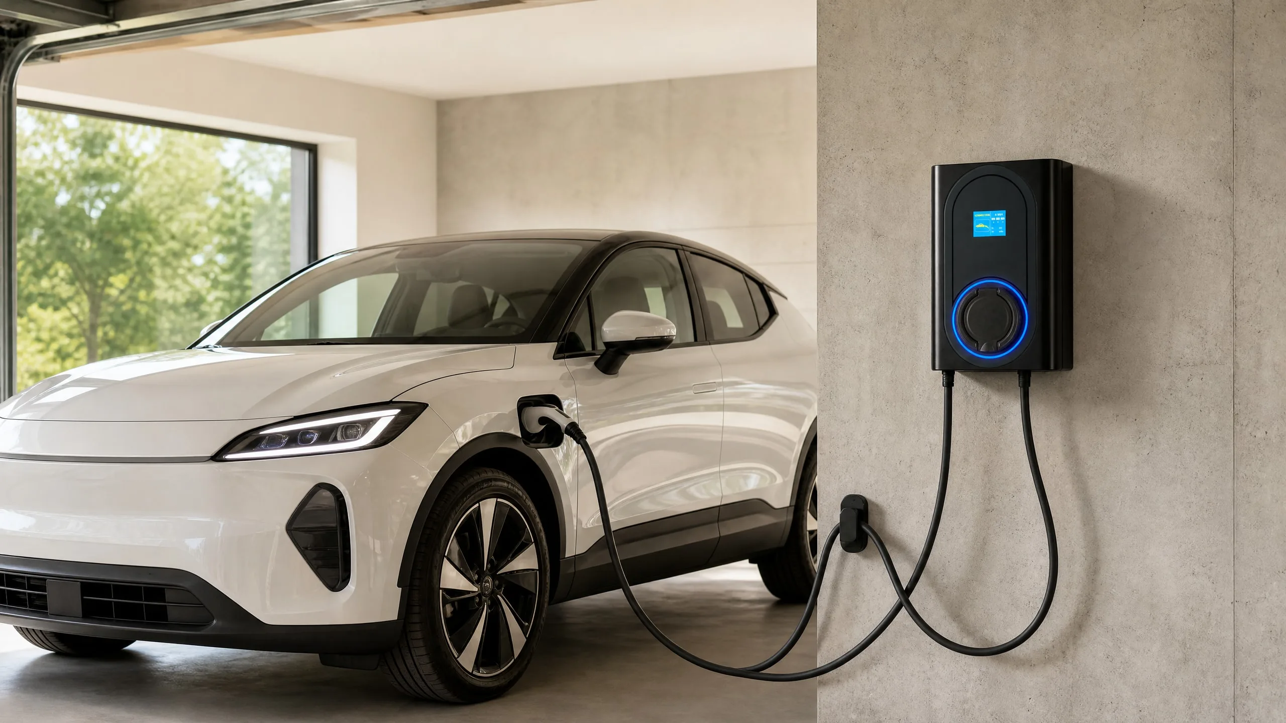 MOLZEX Mini Series wallbox with blue light ring charging a white electric crossover in a garage