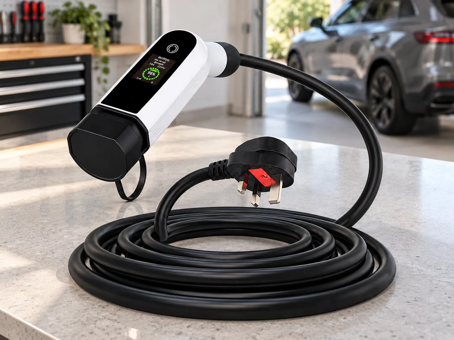 MOLZEX PGO Series all-in-one portable charging gun on a workbench